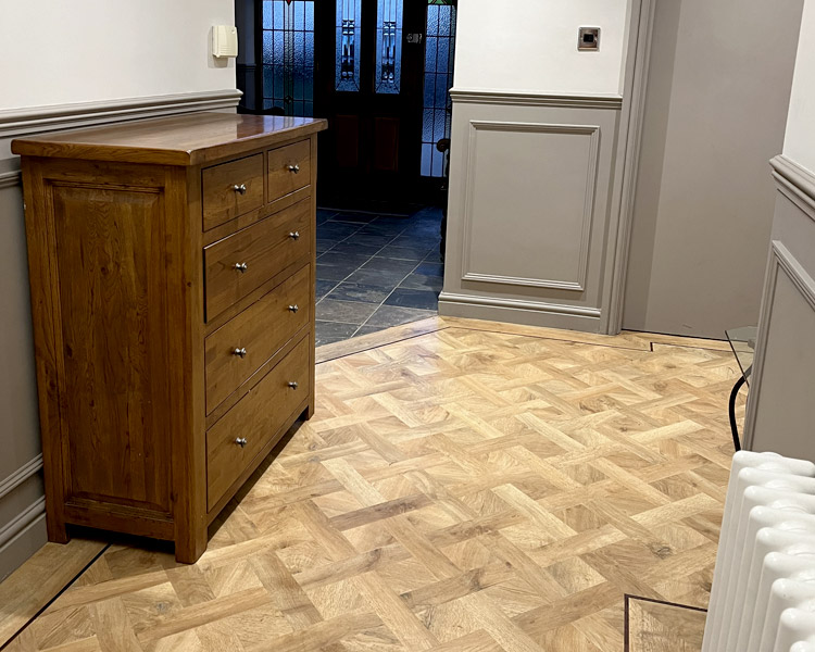 Hallway wall panelling and flooring.