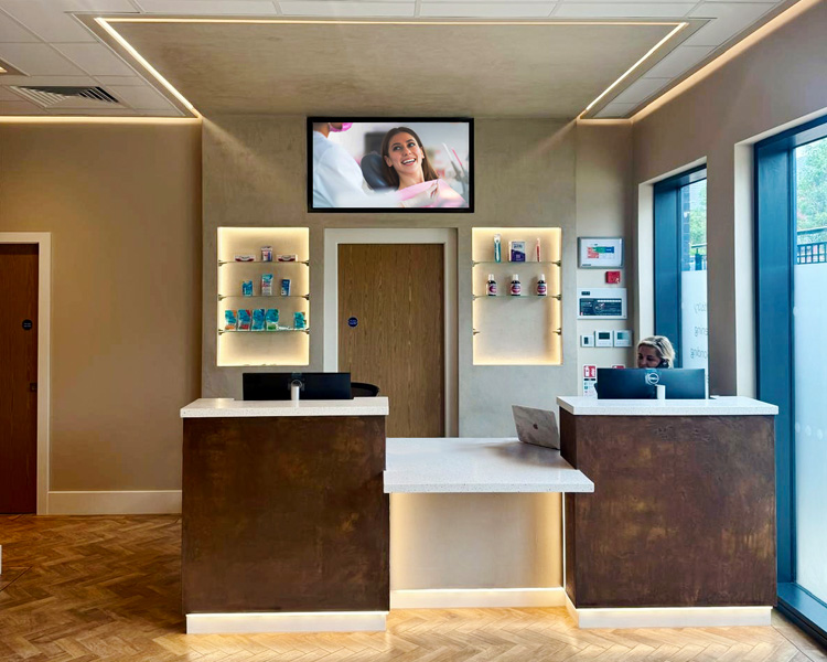 Modern reception counter with rust feature finish